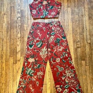 STAUD Wide Leg Pants and Crop Top Set with Botanical Print